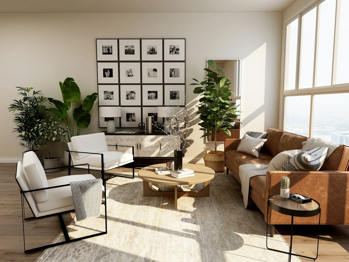 Calm contemporary room with a textured wallpaper feature wall